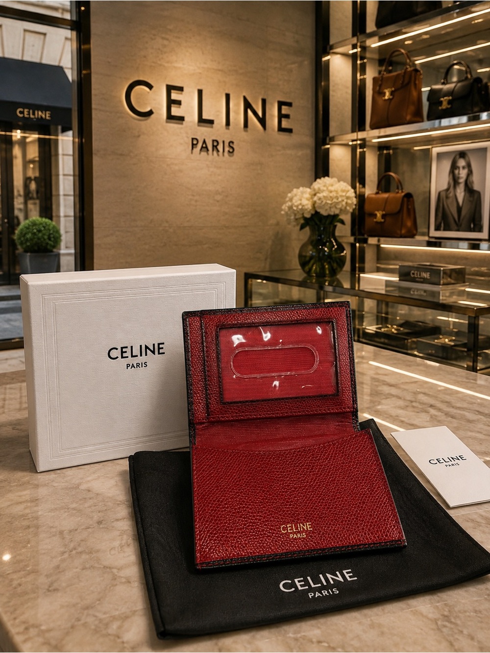 Celine vintage black and red leather card case
